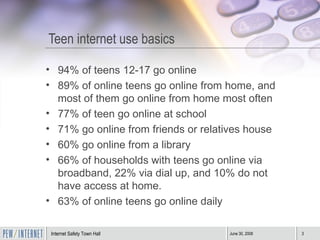 Teen internet use basics 94% of teens 12-17 go online 89% of online teens go online from home, and most of them go online from home most often 77% of teen go online at school 71% go online from friends or relatives house 60% go online from a library 66% of households with teens go online via broadband, 22% via dial up, and 10% do not have access at home. 63% of online teens go online daily 