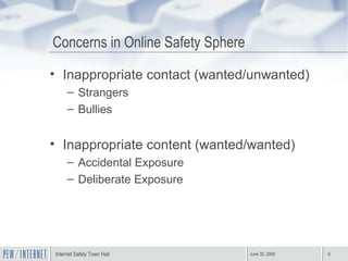 Concerns in Online Safety Sphere Inappropriate contact (wanted/unwanted) Strangers Bullies Inappropriate content (wanted/wanted) Accidental Exposure Deliberate Exposure 