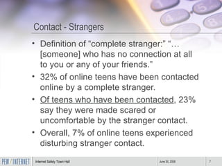 Contact - Strangers Definition of “complete stranger:” “…[someone] who has no connection at all to you or any of your friends.” 32% of online teens have been contacted online by a complete stranger. Of teens who have been contacted , 23% say they were made scared or uncomfortable by the stranger contact. Overall, 7% of online teens experienced disturbing stranger contact.  
