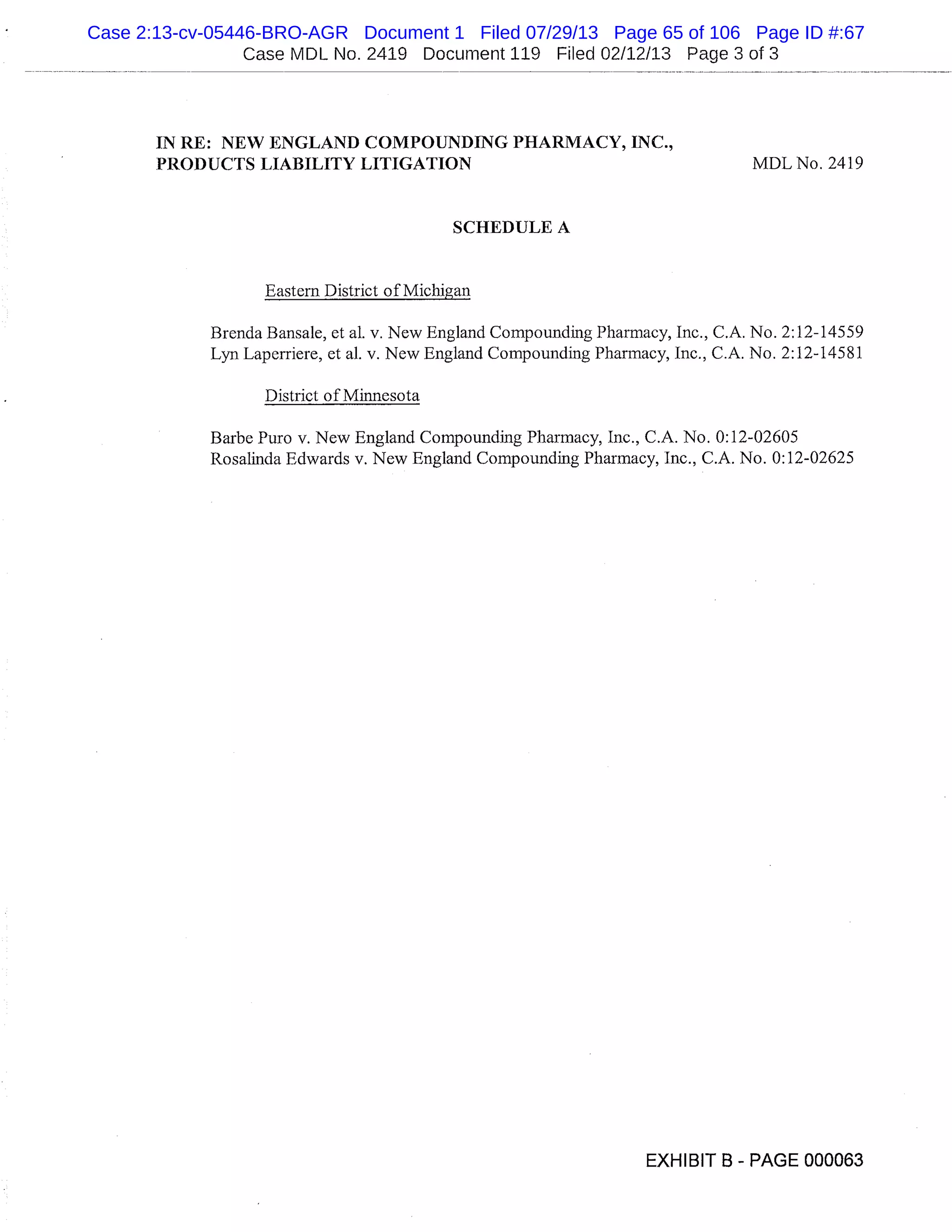 Case MDL No. 2419 Document 119 Filed 02/12/13 Page 3 of 3
IN RE: NEW ENGLAND COMPOUNDING PHARMACY, INC.,
PRODUCTS LIABILITY LITIGATION MDL No. 2419
SCHEDULE A
Eastern District of Michigan
Brenda Bansale, et al. v. New England Compounding Pharmacy, Inc., C.A. No. 2:12-14559
Lyn Laperriere, et al. v. New England Compounding Pharmacy, Inc., C.A. No. 2:12-14581
District of Minnesota
Barbe Puro v. New England Compounding Pharmacy, Inc., C.A. No. 0:12-02605
Rosalinda Edwards v. New England Compounding Pharmacy, Inc., C.A. No. 0:12-02625
EXHIBIT B - PAGE 000063
Case 2:13-cv-05446-BRO-AGR Document 1 Filed 07/29/13 Page 65 of 106 Page ID #:67
 