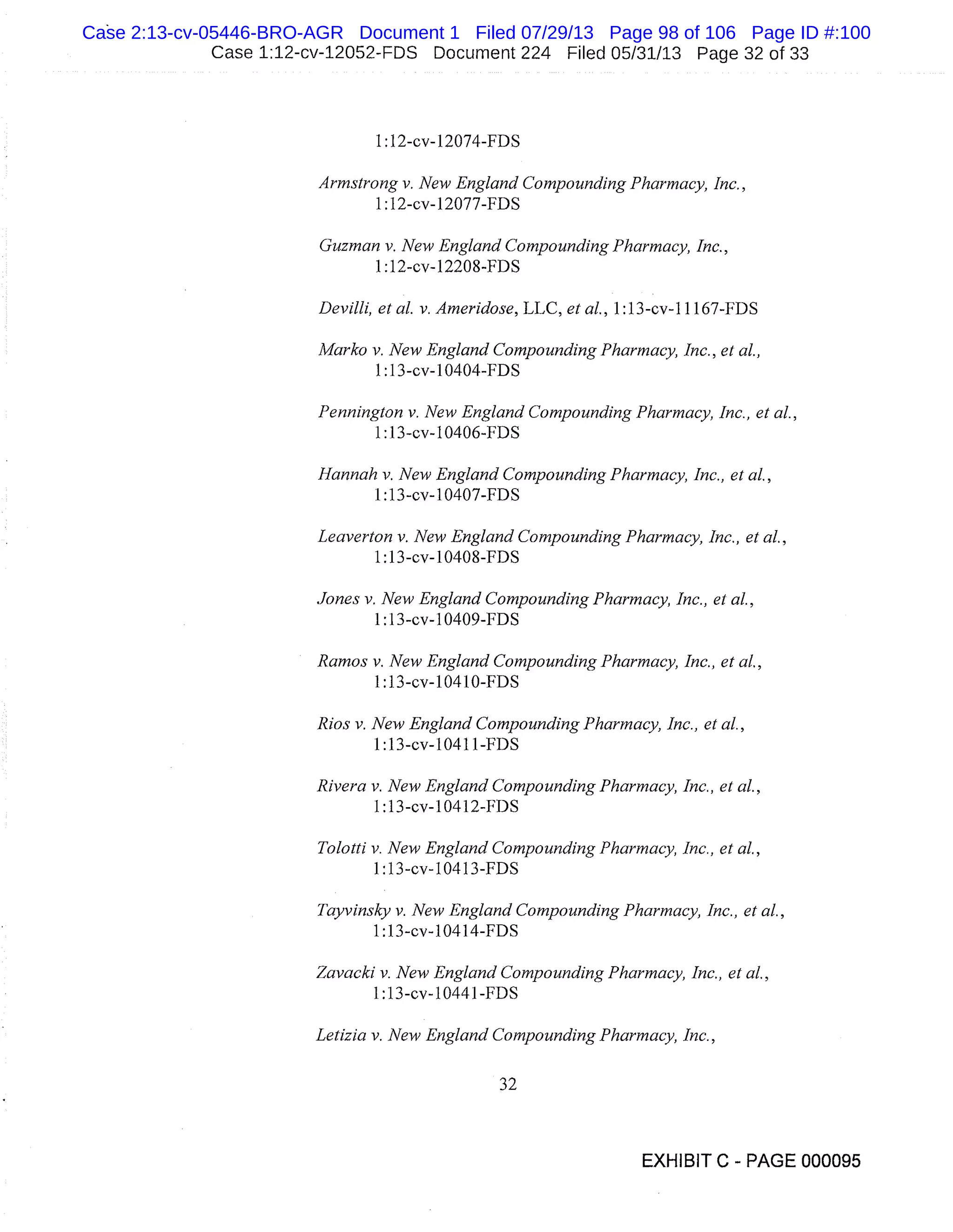 Case 1:12-cv-12052-FDS Document 224 Filed 05/31/13 Page 32 of 33
1 :12-cv-12074-FDS
Armstrong v. New England Compounding Pharmacy, Inc.,
1 :12-cv-12077-FDS
Guzman v. New England Compounding Pharmacy, Inc.,
1 :12-cv-12208-FDS
Devilli, et al. v. Ameridose, LLC, et al., 1 :13-cv-1 1 167FDS
Marko v. New England Compounding Pharmacy, Inc., et al.,
1:1 3-cv-10404-FDS
Pennington v. New England Compounding Pharmacy, Inc., et al.,
1 :13-cv-10406-FDS
Hannah v. New England Compounding Pharmacy, Inc., et al.,
1: 13-cv-10407-FDS
Leaverton v, New England Compounding Pharmacy, Inc., et al.,
1: 13-cv-10408-FDS
Jones v. New England Compounding Pharmacy, Inc., et al.,
1 :13-cv-10409-FDS
Ramos v. New England Compounding Pharmacy, Inc., et al.,
1:13-cv-10410-FDS
Rios v. New England Compounding Pharmacy, Inc., et al.,
1 :13-cv-10411-FDS
Rivera v. New England Compounding Pharmacy, Inc., et al.,
1 :13-cv-10412-FDS
Tolotti v. New England Compounding Pharmacy, Inc., et al,,
1 :13-cv-10413-FDS
Tayvinsky v. New England Compounding Pharmacy, Inc., et al.,
1 :13-cv-10414-FDS
Zavacki v. New England Compounding Pharmacy, Inc., et al.,
1:13-cv-10441-FDS
Letizia v. New England Compounding Pharmacy, Inc.,
32
EXHIBIT C - PAGE 000095
Case 2:13-cv-05446-BRO-AGR Document 1 Filed 07/29/13 Page 98 of 106 Page ID #:100
 