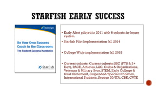  Early Alert piloted in 2011 with 6 cohorts; in-house
system
 Starfish Pilot Implementation fall 2014
 College Wide implementation fall 2015
 Current cohorts: Current cohorts: SSC (FYS & 2+
Dev), PACE, Athletes, LAC, Clubs & Organizations,
Veterans & Military Svcs, STEM, Early College &
Dual Enrollment, Suspended/Special Probation,
International Students, Section 30/ITA, CBE, CVTE
 