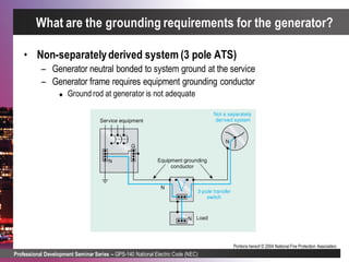 Professional Development Seminar Series – GPS-140 National Electric Code (NEC)
Portions hereof © 2004 National Fire Protection Association.
• Non-separatelyderived system (3 pole ATS)
– Generator neutral bonded to system ground at the service
– Generator frame requires equipment grounding conductor
 Ground rod at generator is not adequate
What are the grounding requirements for the generator?
 
