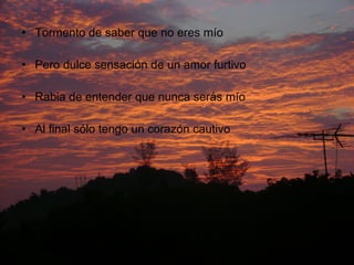 Tormento de saber que no eres mío Pero dulce sensación de un amor furtivo Rabia de entender que nunca serás mío Al final sólo tengo un corazón cautivo 