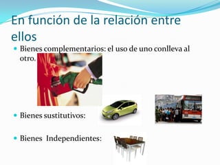 En función de la relación entre
ellos
 Bienes complementarios: el uso de uno conlleva al
otro.
 Bienes sustitutivos:
 Bienes Independientes:
 