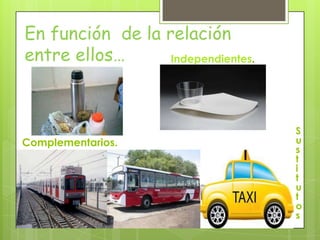 En función de la relación
entre ellos…
Complementarios.
S
u
s
t
i
t
u
t
o
s
Independientes.
 