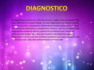 el diagnostico se hizo con el fin de conocer cuales niños del grado 3-06
tiene falencia en su aprendizaje. en este diagnostico se evalua la parte
de lecto escritura, situaciones matematicas lectura automatica al igual
q la escritura automatica y comprension lestora . con los resultados del
diagnosticos pudimos darnos cuenta de las falencia que tienen los
niños de este grado. los niños que tuvieron mas falencias segun el
diagnostico fueron ( hay los nombra) dandonos paso para empezar con
el procesos con cada niño anteriormente mencionado
 