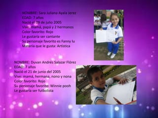 NOMBRE: Sara Juliana Ayala Jerez
EDAD: 7 años
Nació el 09 de julio 2005
Vive: mamá, papá y 2 hermanos
Color favorito: Rojo
Le gustaría ser cantante
Su personaje favorito es Fanny lu
Materia que le gusta: Artística
NOMBRE: Duvan Andrés Salazar Flórez
EDAD: 7 años
Nació el 21 de junio del 2005
Vive: mamá, hermana, nono y nona
Color favorito: Rojo
Su personaje favorito: Winnie pooh
Le gustaría ser futbolista
 