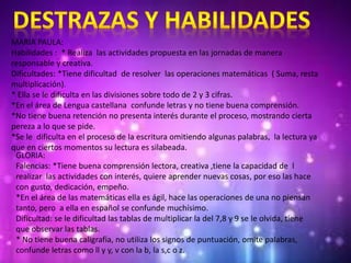 MARIA PAULA:
Habilidades : * Realiza las actividades propuesta en las jornadas de manera
responsable y creativa.
Dificultades: *Tiene dificultad de resolver las operaciones matemáticas ( Suma, resta
multiplicación).
* Ella se le dificulta en las divisiones sobre todo de 2 y 3 cifras.
*En el área de Lengua castellana confunde letras y no tiene buena comprensión.
*No tiene buena retención no presenta interés durante el proceso, mostrando cierta
pereza a lo que se pide.
*Se le dificulta en el proceso de la escritura omitiendo algunas palabras, la lectura ya
que en ciertos momentos su lectura es silabeada.
GLORIA:
Falencias: *Tiene buena comprensión lectora, creativa ,tiene la capacidad de l
realizar las actividades con interés, quiere aprender nuevas cosas, por eso las hace
con gusto, dedicación, empeño.
*En el área de las matemáticas ella es ágil, hace las operaciones de una no piensan
tanto, pero a ella en español se confunde muchísimo.
Dificultad: se le dificultad las tablas de multiplicar la del 7,8 y 9 se le olvida, tiene
que observar las tablas.
* No tiene buena caligrafía, no utiliza los signos de puntuación, omite palabras,
confunde letras como ll y y, v con la b, la s,c o z.
 