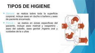 TIPOS DE HIGIENE
 General: se realiza sobre toda la superficie
corporal, incluye aseo en ducha o bañera y aseo
de paciente encamado
 Parcial : se realiza en zonas especificas del
paciente, incluye aseo matinal y vespertino ,
aseo del cabello, aseo genital ,higiene oral y
cuidados de la s uñas
 