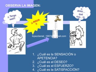 OBSERVA LA IMAGEN:
1. ¿Cuál es la SENSACIÓN o
APETENCIA?
2. ¿Cuál es el DESEO?
3. ¿Cuál es el ESFUERZO?
4. ¿Cuál es la SATISFACCIÓN?
lopezdaniel_1997@hotmail.com
 