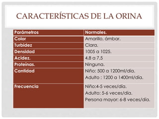 CARACTERÍSTICAS DE LA ORINA 
Parámetros Normales. 
Color Amarillo, ámbar. 
Turbidez Clara. 
Densidad 1005 a 1025. 
Acidez. 4,8 a 7,5 
Proteínas. Ninguna. 
Cantidad Niño: 500 a 1200ml/día. 
Adulto : 1200 a 1400ml/día. 
Frecuencia Niño:4-5 veces/día. 
Adulto: 5-6 veces/día. 
Persona mayor: 6-8 veces/día. 
 