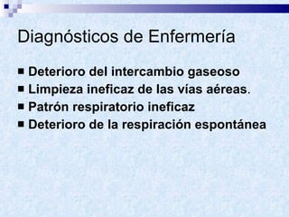 Diagnósticos de Enfermería Deterioro del intercambio gaseoso Limpieza ineficaz de las vías aéreas . Patrón respiratorio ineficaz Deterioro de la respiración espontánea 