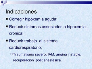 Indicaciones Corregir hipoxemia aguda; Reducir sintomas associados a hipoxemia cronica; Reducir trabajo  al sistema  cardiorespiratorio; Traumatismo severo, IAM, angina instable, recuperación  post anestésica. 