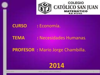 CURSO : Economía.
TEMA : Necesidades Humanas.
PROFESOR : Mario Jorge Chambilla.
2014
PROF: MARIO JORGE CHAMBILLA 120/03/2014
 
