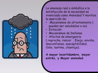 La amenaza real o simbólica a la
satisfacción de la necesidad es
vivenciada como Ansiedad Y moviliza
la aparición de:
• Mecanismos de afrontamiento (
pueden ser saludables o no)
• Evitación
• Mecanismos de Defensa
• Afectos de emergencia
( reproche, rencor , Enojo, envidia,
desconfianza, susceptibilidad,
Odio, lastima, chantaje).
A mayor incertidumbre, mayor
estrés, y Mayor ansiedad.
 