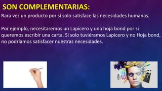 Rara vez un producto por sí solo satisface las necesidades humanas.
Por ejemplo, necesitaremos un Lapicero y una hoja bond por si
queremos escribir una carta. Si solo tuviéramos Lapicero y no Hoja bond,
no podríamos satisfacer nuestras necesidades.
SON COMPLEMENTARIAS:
 