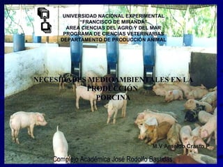 UNIVERSIDAD NACIONAL EXPERIMENTAL “ FRANCISCO DE MIRANDA” AREA CIENCIAS DEL AGRO Y DEL MAR PROGRAMA DE CIENCIAS VETERINARIAS DEPARTAMENTO DE PRODUCCIÓN ANIMAL Complejo Académica José Rodolfo Bastidas NECESIDADES MEDIOAMBIENTALES EN LA PRODUCCIÓN  PORCINA M.V Arnaldo Crasto P 