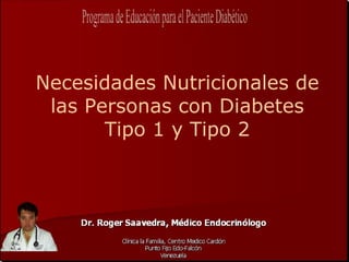 Necesidades Nutricionales de
 las Personas con Diabetes
       Tipo 1 y Tipo 2
 
