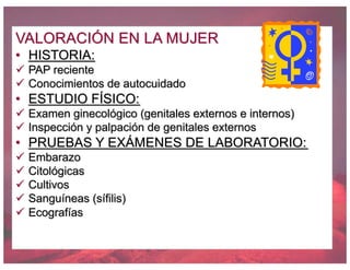 VALORACIÓN EN LA MUJER
• HISTORIA:
ü PAP reciente
ü Conocimientos de autocuidado
• ESTUDIO FÍSICO:
ü Examen ginecológico (genitales externos e internos)
ü Inspección y palpación de genitales externos
• PRUEBAS Y EXÁMENES DE LABORATORIO:
ü Embarazo
ü Citológicas
ü Cultivos
ü Sanguíneas (sífilis)
ü Ecografías
 