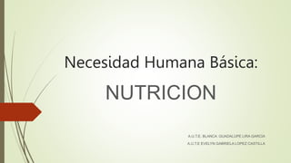 Necesidad Humana Básica:
NUTRICION
A.U.T.E. BLANCA GUADALUPE LIRA GARCIA
A.U.T.E EVELYN GABRIELA LOPEZ CASTILLA
 
