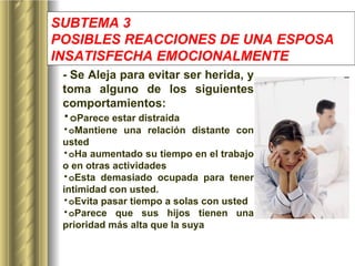 SUBTEMA 3 POSIBLES REACCIONES DE UNA ESPOSA INSATISFECHA EMOCIONALMENTE   -   Se Aleja para evitar ser herida, y toma alguno de los siguientes comportamientos:  o Parece estar distraída o Mantiene una relación distante con usted o Ha aumentado su tiempo en el trabajo o en otras actividades o Esta demasiado ocupada para tener intimidad con usted. o Evita pasar tiempo a solas con usted o Parece que sus hijos tienen una prioridad más alta que la suya 