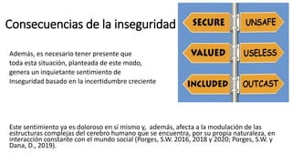 Consecuencias de la inseguridad
Además, es necesario tener presente que
toda esta situación, planteada de este modo,
genera un inquietante sentimiento de
Inseguridad basado en la incertidumbre creciente
Este sentimiento ya es doloroso en sí mismo y, además, afecta a la modulación de las
estructuras complejas del cerebro humano que se encuentra, por su propia naturaleza, en
interacción constante con el mundo social (Porges, S.W. 2016, 2018 y 2020; Porges, S.W. y
Dana, D., 2019).
 