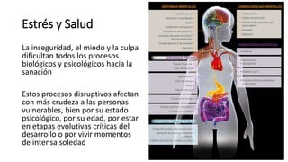 Estrés y Salud
La inseguridad, el miedo y la culpa
dificultan todos los procesos
biológicos y psicológicos hacia la
sanación
Estos procesos disruptivos afectan
con más crudeza a las personas
vulnerables, bien por su estado
psicológico, por su edad, por estar
en etapas evolutivas críticas del
desarrollo o por vivir momentos
de intensa soledad
 