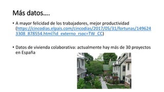 Más datos….
• A mayor felicidad de los trabajadores, mejor productividad
(https://cincodias.elpais.com/cincodias/2017/05/31/fortunas/149624
3308_878554.html?id_externo_rsoc=TW_CC)
• Datos de vivienda colaborativa: actualmente hay más de 30 proyectos
en España
 