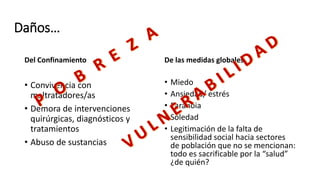 Daños…
Del Confinamiento
• Convivencia con
maltratadores/as
• Demora de intervenciones
quirúrgicas, diagnósticos y
tratamientos
• Abuso de sustancias
De las medidas globales
• Miedo
• Ansiedad/ estrés
• Paranoia
• Soledad
• Legitimación de la falta de
sensibilidad social hacia sectores
de población que no se mencionan:
todo es sacrificable por la “salud”
¿de quién?
 