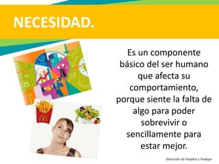 NECESIDAD.
Dirección de Empleo y Trabajo
Es un componente
básico del ser humano
que afecta su
comportamiento,
porque siente la falta de
algo para poder
sobrevivir o
sencillamente para
estar mejor.
 