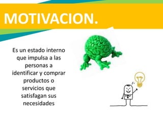MOTIVACION.
Es un estado interno
que impulsa a las
personas a
identificar y comprar
productos o
servicios que
satisfagan sus
necesidades
 