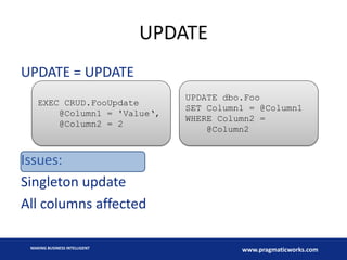 UPDATE
UPDATE = UPDATE
EXEC CRUD.FooUpdate
@Column1 = 'Value‘,
@Column2 = 2

UPDATE dbo.Foo
SET Column1 = @Column1
WHERE Column2 =
@Column2

Issues:
Singleton update
All columns affected
MAKING BUSINESS INTELLIGENT

www.pragmaticworks.com

 