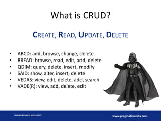 What is CRUD?
CREATE, READ, UPDATE, DELETE
•
•
•
•
•
•

ABCD: add, browse, change, delete
BREAD: browse, read, edit, add, delete
QDIM: query, delete, insert, modify
SAID: show, alter, insert, delete
VEDAS: view, edit, delete, add, search
VADE(R): view, add, delete, edit

MAKING BUSINESS INTELLIGENT

www.pragmaticworks.com

 