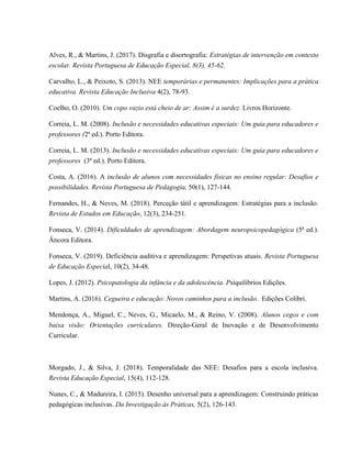 Alves, R., & Martins, J. (2017). Disgrafia e disortografia: Estratégias de intervenção em contexto
escolar. Revista Portuguesa de Educação Especial, 8(3), 45-62.
Carvalho, L., & Peixoto, S. (2013). NEE temporárias e permanentes: Implicações para a prática
educativa. Revista Educação Inclusiva 4(2), 78-93.
Coelho, O. (2010). Um copo vazio está cheio de ar: Assim é a surdez. Livros Horizonte.
Correia, L. M. (2008). Inclusão e necessidades educativas especiais: Um guia para educadores e
professores (2ª ed.). Porto Editora.
Correia, L. M. (2013). Inclusão e necessidades educativas especiais: Um guia para educadores e
professores (3ª ed.). Porto Editora.
Costa, A. (2016). A inclusão de alunos com necessidades físicas no ensino regular: Desafios e
possibilidades. Revista Portuguesa de Pedagogia, 50(1), 127-144.
Fernandes, H., & Neves, M. (2018). Perceção tátil e aprendizagem: Estratégias para a inclusão.
Revista de Estudos em Educação, 12(3), 234-251.
Fonseca, V. (2014). Dificuldades de aprendizagem: Abordagem neuropsicopedagógica (5ª ed.).
Âncora Editora.
Fonseca, V. (2019). Deficiência auditiva e aprendizagem: Perspetivas atuais. Revista Portuguesa
de Educação Especial, 10(2), 34-48.
Lopes, J. (2012). Psicopatologia da infância e da adolescência. Psiquilibrios Edições.
Martins, A. (2016). Cegueira e educação: Novos caminhos para a inclusão. Edições Colibri.
Mendonça, A., Miguel, C., Neves, G., Micaelo, M., & Reino, V. (2008). Alunos cegos e com
baixa visão: Orientações curriculares. Direção-Geral de Inovação e de Desenvolvimento
Curricular.
Morgado, J., & Silva, J. (2018). Temporalidade das NEE: Desafios para a escola inclusiva.
Revista Educação Especial, 15(4), 112-128.
Nunes, C., & Madureira, I. (2015). Desenho universal para a aprendizagem: Construindo práticas
pedagógicas inclusivas. Da Investigação às Práticas, 5(2), 126-143.
 