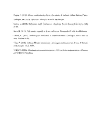 Pereira, F. (2012). Alunos com limitações físicas: Estratégias de inclusão Lisboa: Edições Piaget.
Rodrigues, D. (2017). Equidade e educação inclusiva. Profedições.
Santos, M. (2014). Deficiência táctil: Implicações educativas. Revista Educação Inclusiva. 5(1),
28-36.
Serra, H. (2015). Dificuldades específicas de aprendizagem: Um desafio (2ª ed.). Areal Editores.
Simões, C. (2016). Perturbações emocionais e comportamentais: Estratégias para a sala de
aula. Edições Silabo.
Teles, P. (2018). Dislexia: Método fonomímico - Abordagem multissensorial. Revista de Estudos
em Educação, 12(2), 52-68.
UNESCO (2020). Global education monitoring report 2020: Inclusion and education - All means
all. UNESCO Publishing.
 