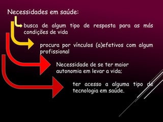 Necessidades em saúde:
busca de algum tipo de resposta para as más
condições de vida
procura por vínculos (a)efetivos com algum
profissional
Necessidade de se ter maior
autonomia em levar a vida;
ter acesso a alguma tipo de
tecnologia em saúde.

 