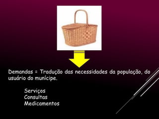 Demandas = Tradução das necessidades da população, do
usuário do munícipe.
Serviços
Consultas
Medicamentos

 
