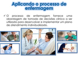 O processo de enfermagem fornece uma
abordagem de tomada de decisões clinica a ser
utilizada para desenvolver e implementar um plano
de atendimento individualizado.
 