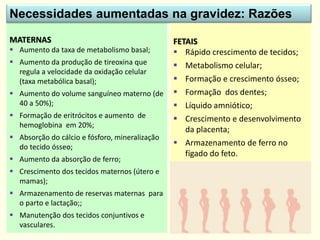 MATERNAS
 Aumento da taxa de metabolismo basal;
 Aumento da produção de tireoxina que
regula a velocidade da oxidação celular
(taxa metabólica basal);
 Aumento do volume sanguíneo materno (de
40 a 50%);
 Formação de eritrócitos e aumento de
hemoglobina em 20%;
 Absorção do cálcio e fósforo, mineralização
do tecido ósseo;
 Aumento da absorção de ferro;
 Crescimento dos tecidos maternos (útero e
mamas);
 Armazenamento de reservas maternas para
o parto e lactação;;
 Manutenção dos tecidos conjuntivos e
vasculares.
Necessidades aumentadas na gravidez: Razões
FETAIS
 Rápido crescimento de tecidos;
 Metabolismo celular;
 Formação e crescimento ósseo;
 Formação dos dentes;
 Líquido amniótico;
 Crescimento e desenvolvimento
da placenta;
 Armazenamento de ferro no
fígado do feto.
 
