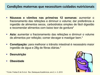 Condições maternas que necessitam cuidados nutricionais
 Náuseas e vômitos nas primeiras 12 semanas: aumentar o
fracionamento das refeições e diminuir o volume; dar preferência a
ingestão de alimentos secos, carboidratos simples de fácil digestão
e recomendar alimentos com baixo teor de gordura*
 Azia: aumentar o fracionamento das refeições e diminuir o volume
de alimentos por refeição; comer devagar e mastigar bem.*
 Constipação: para melhorar o trânsito intestinal é necessário maior
ingestão de água e 28g de fibras diárias.*
 Desnutrição
 Obesidade
* Fonte: Freitas E de S et al. Rev. Destaques Acadêmicos, ano 2, n. 3, 2010
 