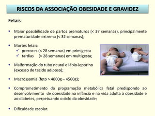 Fetais
 Maior possibilidade de partos prematuros (< 37 semanas), principalmente
prematuridade extrema (< 32 semanas);
 Mortes fetais:
 precoces (< 28 semanas) em primigesta
 tardias (> 28 semanas) em multigesta;
 Malformação do tubo neural e lábio-leporino
(excesso de tecido adiposo);
 Macrossomia (feto > 4000g – 4500g);
RISCOS DA ASSOCIAÇÃO OBESIDADE E GRAVIDEZ
 Comprometimento da programação metabólica fetal predispondo ao
desenvolvimento de obesidade na infância e na vida adulta à obesidade e
ao diabetes, perpetuando o ciclo da obesidade;
 Dificuldade escolar.
 
