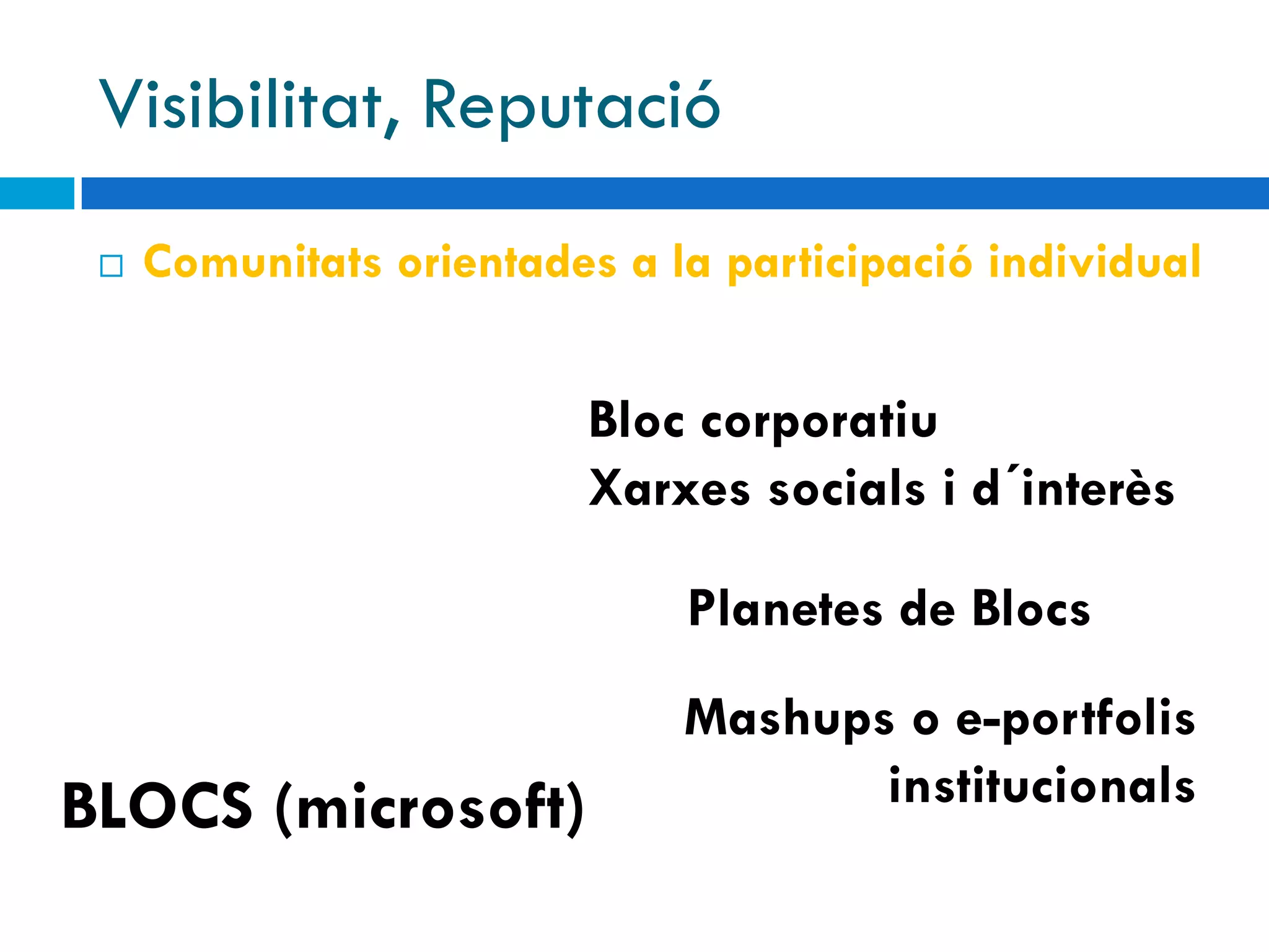 Visibilitat, Reputació
    Comunitats orientades a la participació individual


                          Bloc corporatiu
                          Xarxes socials i d´interès

                              Planetes de Blocs
                              Mashups o e-portfolis
BLOCS (microsoft)                    institucionals
 