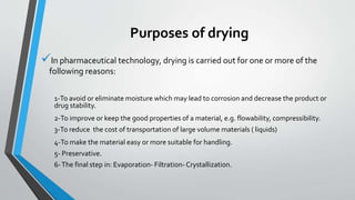 Purposes of drying
In pharmaceutical technology, drying is carried out for one or more of the
following reasons:
1-To avoid or eliminate moisture which may lead to corrosion and decrease the product or
drug stability.
2-To improve or keep the good properties of a material, e.g. flowability, compressibility.
3-To reduce the cost of transportation of large volume materials ( liquids)
4-To make the material easy or more suitable for handling.
5- Preservative.
6-The final step in: Evaporation- Filtration- Crystallization.
 