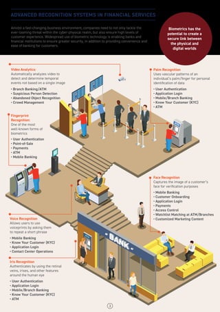 3
ADVANCED RECOGNITION SYSTEMS IN FINANCIAL SERVICES
Fingerprint
Recognition:
One of the most
well-known forms of
biometrics
Video Analytics:
Automatically analyzes video to
detect and determine temporal
events not based on a single image
• Branch Banking/ATM
• Suspicious Person Detection
• Abandoned Object Recognition
• Crowd Management
• User Authentication
• Point-of-Sale
• Payments
• ATM
• Mobile Banking
Face Recognition
Captures the image of a customer’s
face for veriﬁcation purposes
• Mobile Banking
• Customer Onboarding
• Application Login
• Payments
• Access Control
• Watchlist Matching at ATM/Branches
• Customized Marketing ContentVoice Recognition
Allows users to use
voiceprints by asking them
to repeat a short phrase
• Mobile Banking
• Know Your Customer (KYC)
• Application Login
• Contact Center Operations
Iris Recognition
Authenticates by using the retinal
veins, irises, and other features
around the human eye
• User Authentication
• Application Login
• Mobile/Branch Banking
• Know Your Customer (KYC)
• ATM
Palm Recognition
Uses vascular patterns of an
individual’s palm/ﬁnger for personal
identiﬁcation of data
• User Authentication
• Application Login
• Mobile/Branch Banking
• Know Your Customer (KYC)
• ATM
Amidst a fast-changing business environment, companies need to not only tackle the
ever-looming threat within the cyber-physical realm, but also ensure high levels of
customer experience. Widespread use of biometric technology is enabling banks and
ﬁnancial institutions to ensure greater security, in addition to providing convenience and
ease of banking for customers.
Biometrics has the
potential to create a
secure link between
the physical and
digital worlds
 