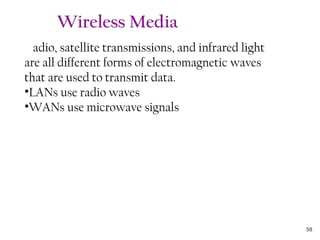 Radio, satellite transmissions, and infrared light
are all different forms of electromagnetic waves
that are used to transmit data.
•LANs use radio waves
•WANs use microwave signals
Wireless Media
58
 