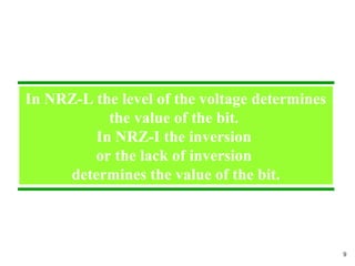 In NRZ-L the level of the voltage determines
the value of the bit.
In NRZ-I the inversion
or the lack of inversion
determines the value of the bit.
9
 