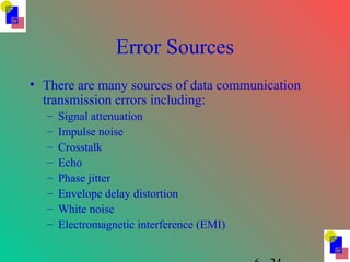 Error Sources
• There are many sources of data communication
transmission errors including:
– Signal attenuation
– Impulse noise
– Crosstalk
– Echo
– Phase jitter
– Envelope delay distortion
– White noise
– Electromagnetic interference (EMI)
 