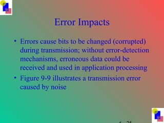 Error Impacts
• Errors cause bits to be changed (corrupted)
during transmission; without error-detection
mechanisms, erroneous data could be
received and used in application processing
• Figure 9-9 illustrates a transmission error
caused by noise
 