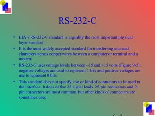 RS-232-C
• EIA’s RS-232-C standard is arguably the most important physical
layer standard
• It is the most widely accepted standard for transferring encoded
characters across copper wires between a computer or terminal and a
modem
• RS-232-C uses voltage levels between –15 and +15 volts (Figure 9-5);
negative voltages are used to represent 1 bits and positive voltages are
use to represent 0 bits
• This standard does not specify size or kind of connectors to be used in
the interface. It does define 25 signal leads. 25-pin connectors and 9-
pin connectors are most common, but other kinds of connectors are
sometimes used
 